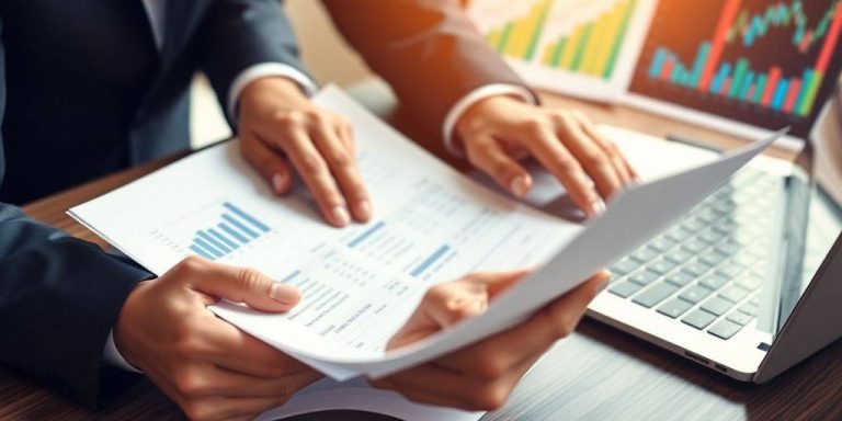 Businessperson reviewing financial documents and charts.