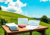 Table with stocks and documents in a sunny landscape.