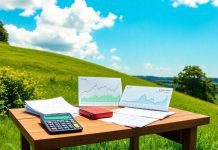 Table with stocks and documents in a sunny landscape.