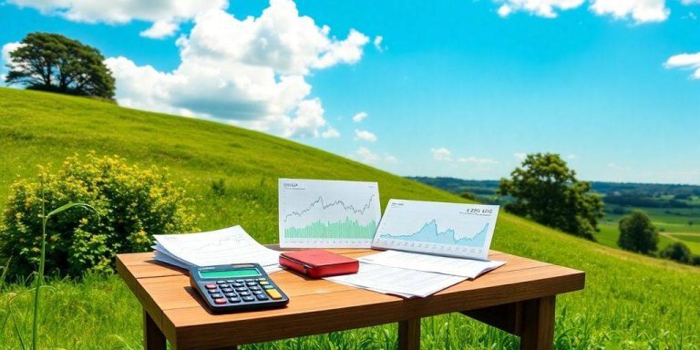 Table with stocks and documents in a sunny landscape.