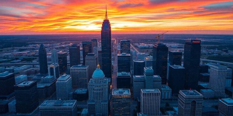 Dallas skyline with financial buildings at sunset.