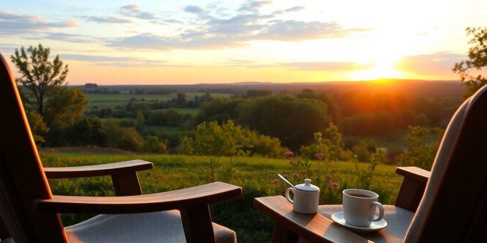 Cozy retirement scene with sunset and coffee cup.