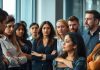 Diverse employees discussing layoffs in a modern office.