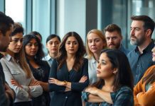 Diverse employees discussing layoffs in a modern office.