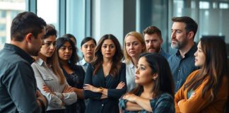 Diverse employees discussing layoffs in a modern office.