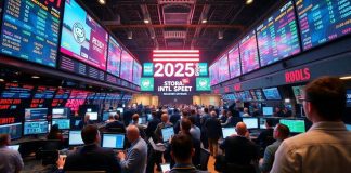 Traders on a busy stock market floor with screens.