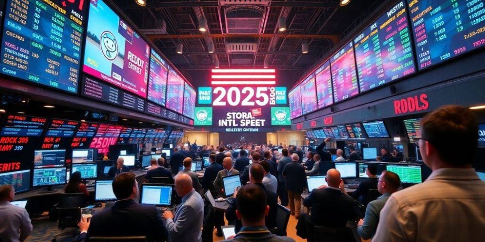 Traders on a busy stock market floor with screens.