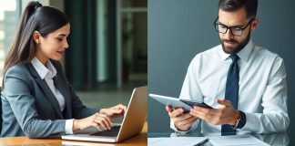 Finance professional and accountant in a split image.