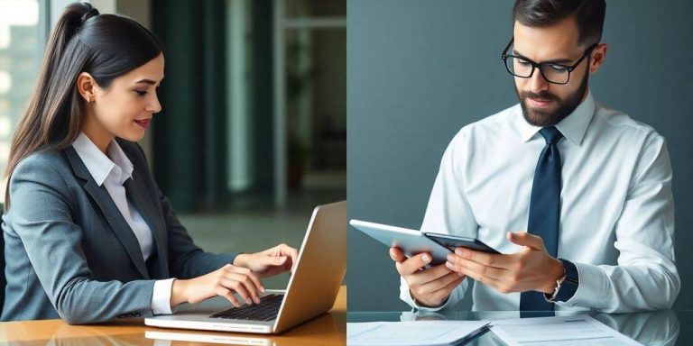 Finance professional and accountant in a split image.