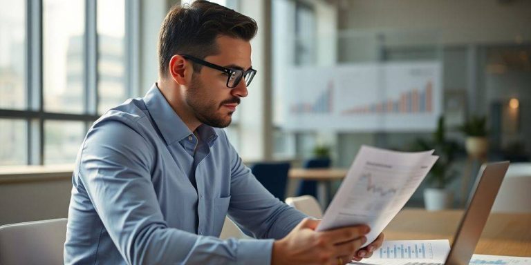 Hedge fund analyst working in a modern office environment.
