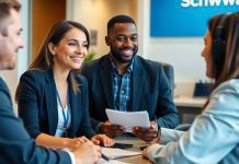Customer service interaction at Charles Schwab investment office.