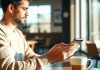 Person using smartphone in coffee shop for financial app.