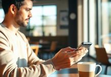 Person using smartphone in coffee shop for financial app.