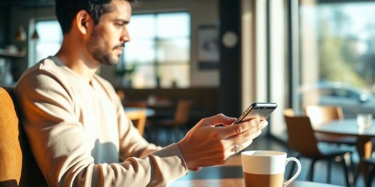 Person using smartphone in coffee shop for financial app.