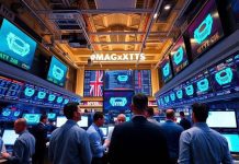 Traders engaged in lively discussions on a trading floor.