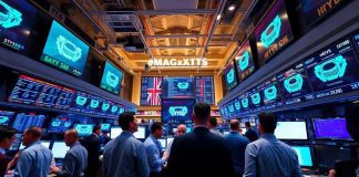 Traders engaged in lively discussions on a trading floor.