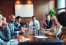 Group of business professionals in a boardroom meeting.