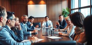 Group of business professionals in a boardroom meeting.