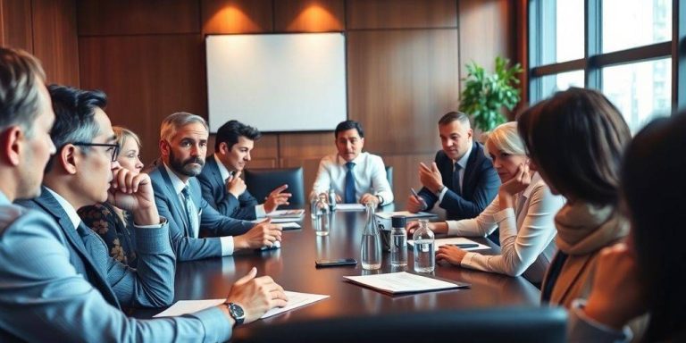Group of business professionals in a boardroom meeting.
