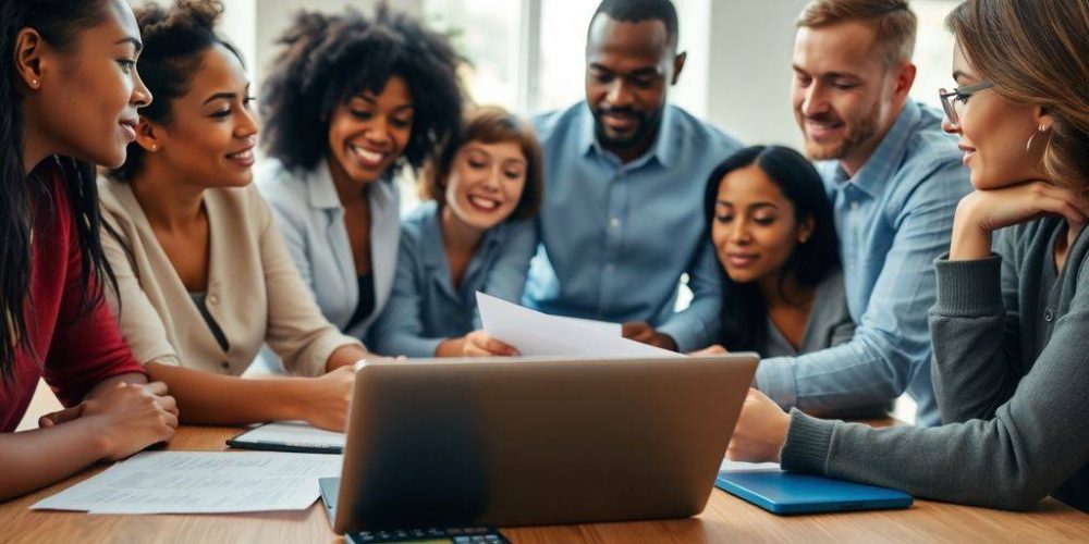 People collaborating on financial planning and discussion.