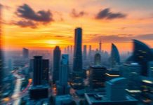 Dynamic cityscape at sunset illustrating market volatility.