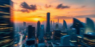 Dynamic cityscape at sunset illustrating market volatility.
