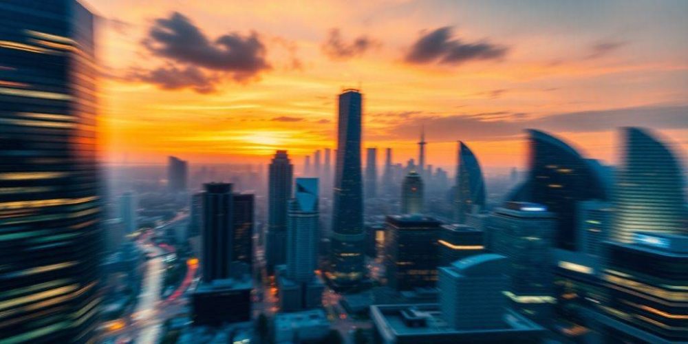 Dynamic cityscape at sunset illustrating market volatility.