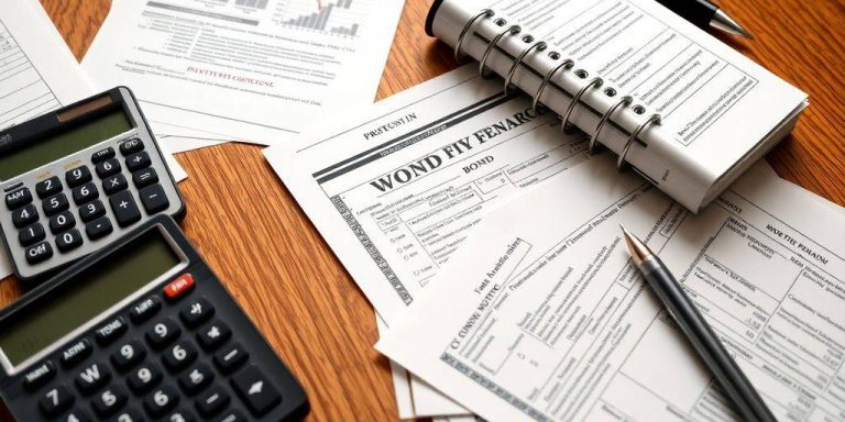Bonds and financial documents on a wooden desk.