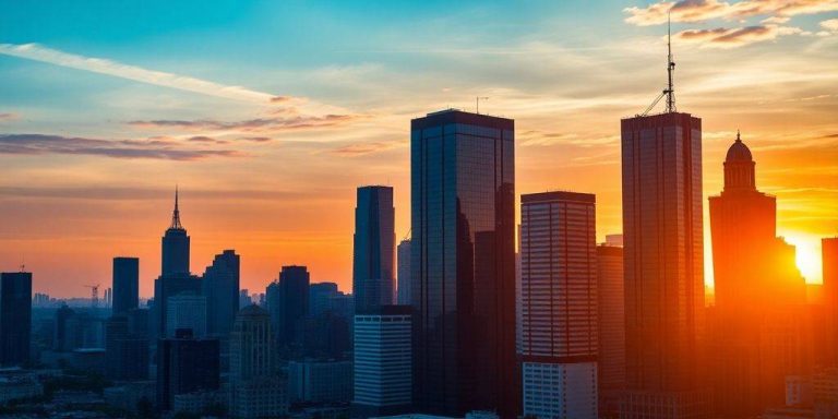 City skyline at sunset representing investment opportunities.