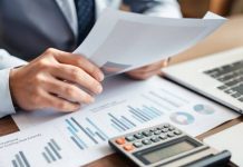 Business professional reviewing financial documents and calculator.
