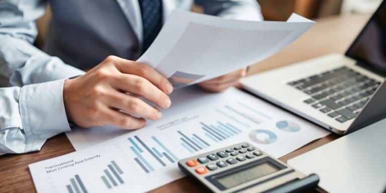 Business professional reviewing financial documents and calculator.