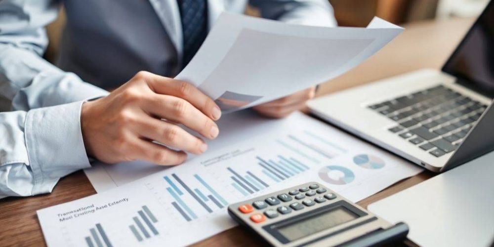 Business professional reviewing financial documents and calculator.