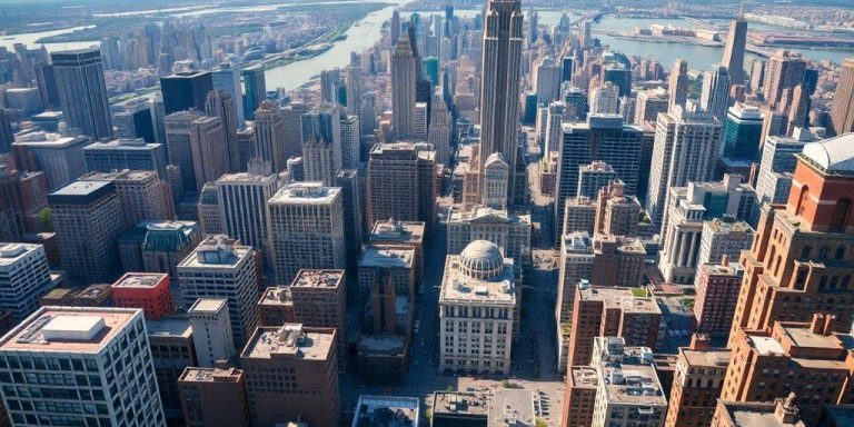 Aerial view of New York City with busy streets and buildings.