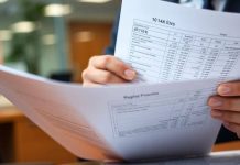 Business professional reviewing financial documents in an office.