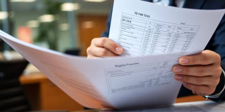 Business professional reviewing financial documents in an office.