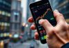 Smartphone displaying live market data against a city backdrop.