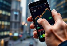 Smartphone displaying live market data against a city backdrop.
