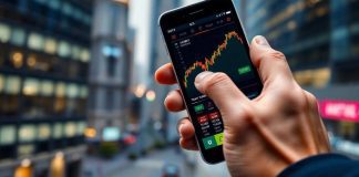 Smartphone displaying live market data against a city backdrop.