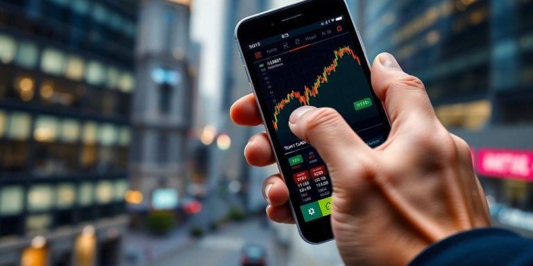 Smartphone displaying live market data against a city backdrop.