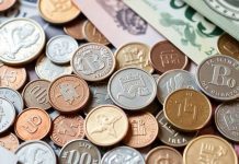 Close-up of diverse coins and banknotes for investment.