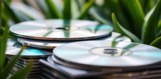 Stacked CDs with reflective surfaces and green backdrop.