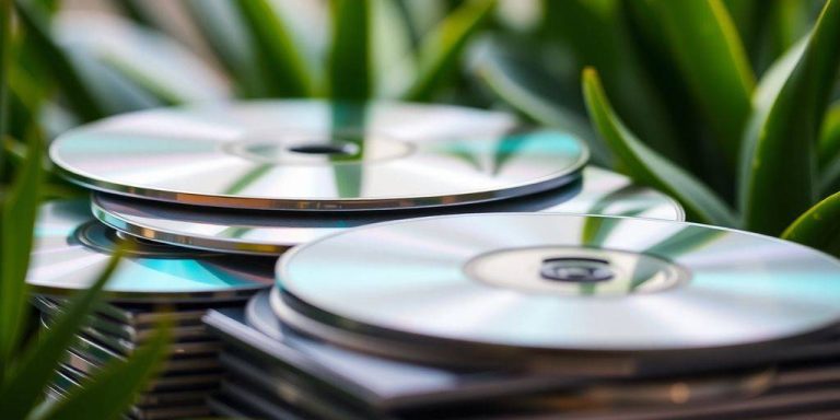 Stacked CDs with reflective surfaces and green backdrop.