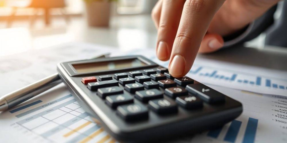 Calculator on financial documents in a modern office.