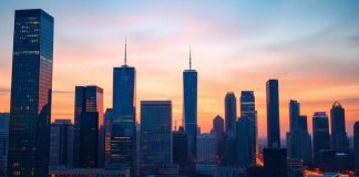 Urban skyline at twilight representing private equity future.