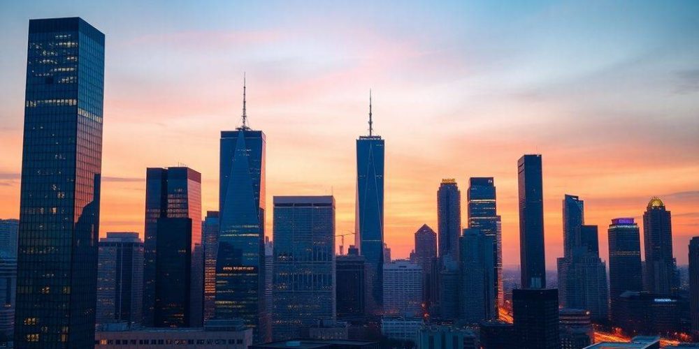 Urban skyline at twilight representing private equity future.