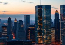 City skyline at dusk, reflecting innovation and finance.