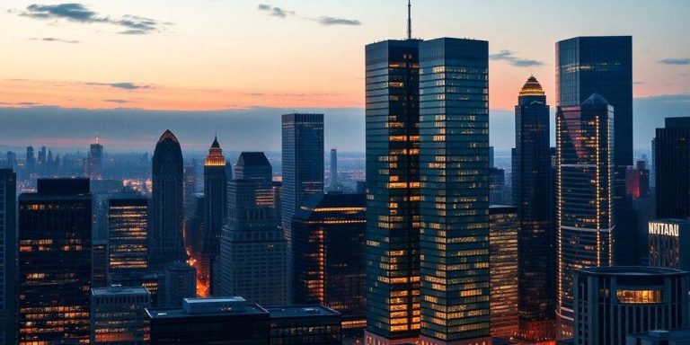City skyline at dusk, reflecting innovation and finance.