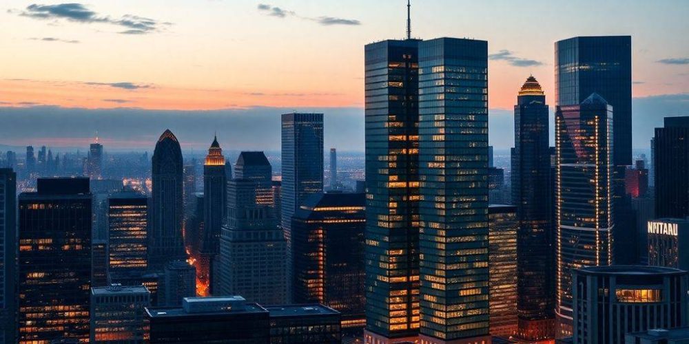 City skyline at dusk, reflecting innovation and finance.