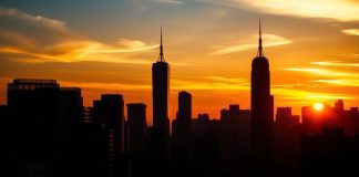 City skyline at sunset reflecting financial growth and trends.