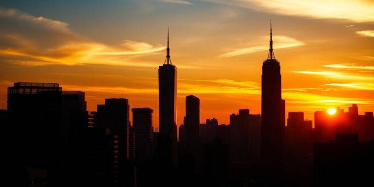 City skyline at sunset reflecting financial growth and trends.